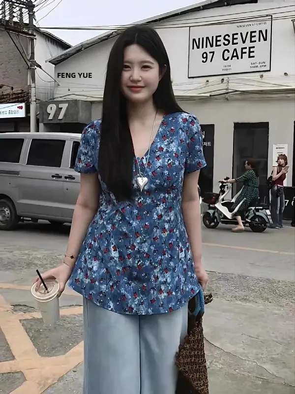 

plus Size Women's Retro Floral V-Ne ort Sve irt Slimming Waist Tu Summer New Sle Korean Commute Faion irt