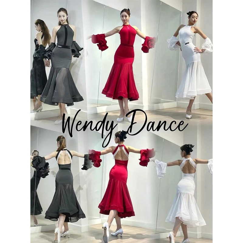 

New Ballroom Dance Clothes Women Waltz Tango Dance Performance Dress Prom Party Latin Dancewear Red Competition Dress DNV19586
