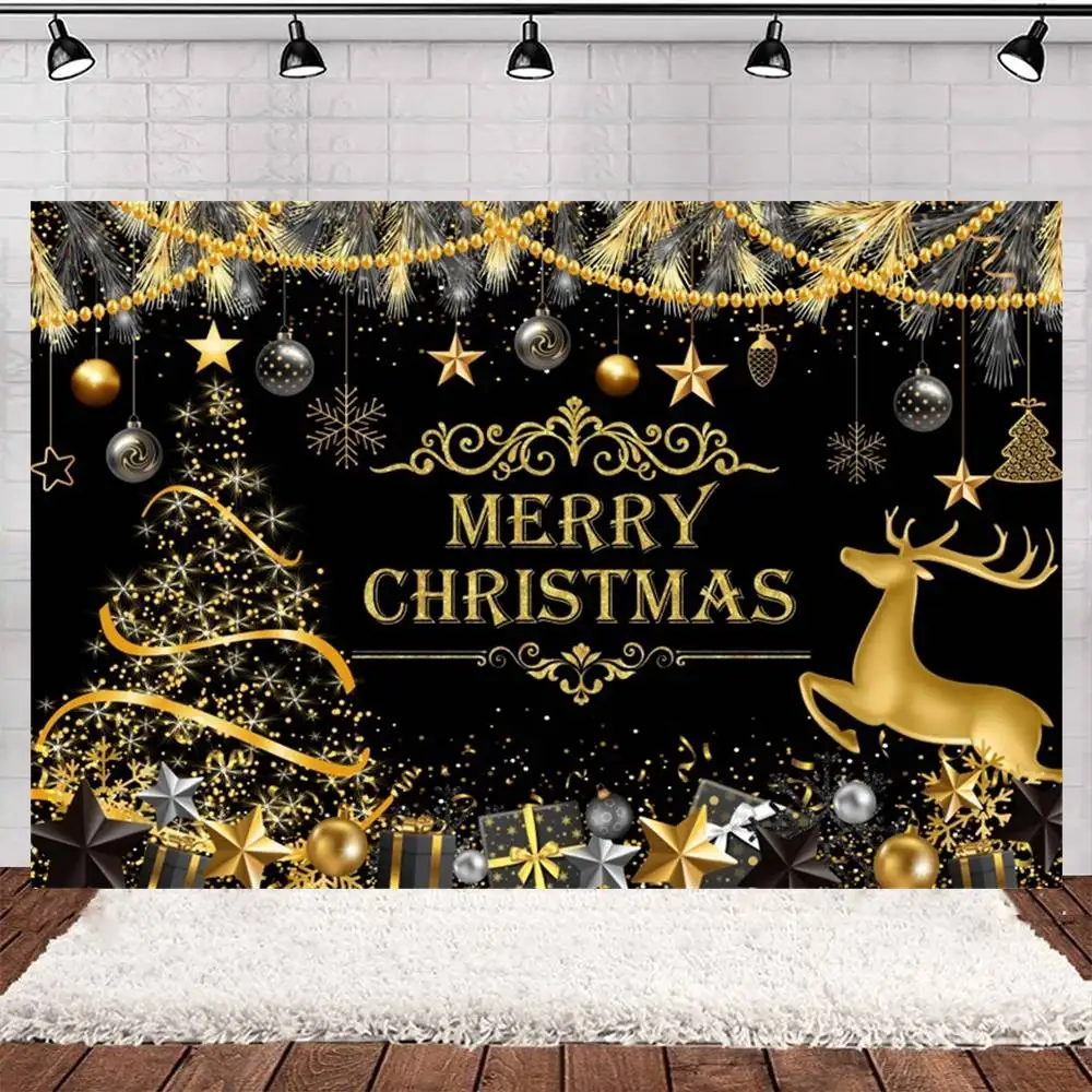 Black Big Christmas Tree Photography Background Xmas Elk Golden Ball Shine Star Gift Kids Family Party Decoration Photo Backdrop