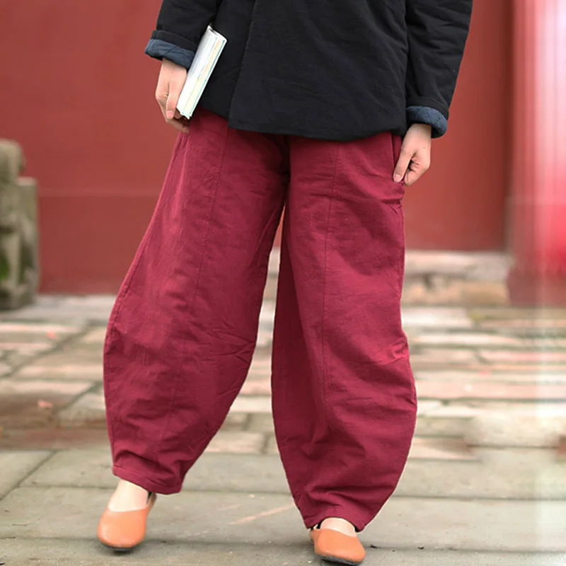 Winter Thick Lantern Casual Warm Fashion Cotton And Linen Solid Color Elastic Waist Pants Casual Patchwork Cotton Pants Joker