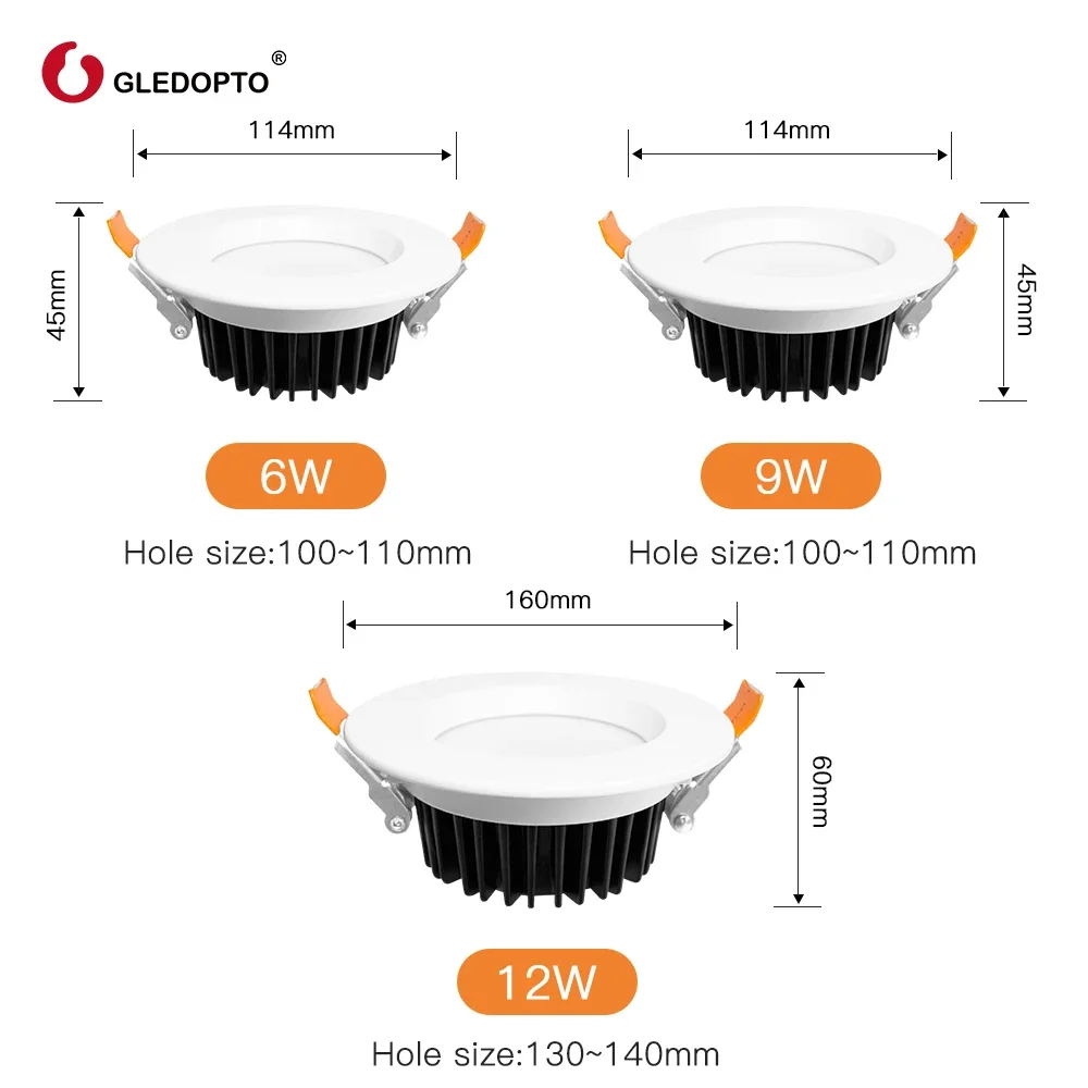 GLEDOPTO-Smart LED Downlight Pro, Zigbee 3.0, RGBCCT, 6W, 9W, 12W, IP44, IP54, Sala de estar, Cozinha, Sala de jantar