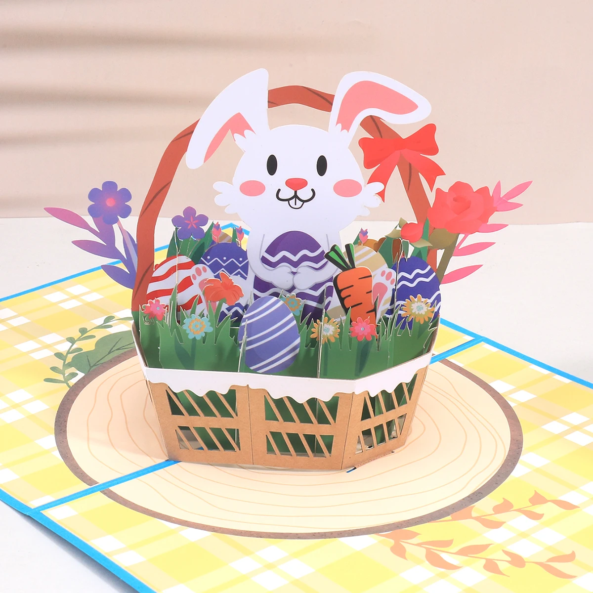 3D Bunny Basket Pattern Greeting Card, Creative Handmade Paper Carving Card to Express Blessings  Thanks, Easter Gift for Friend