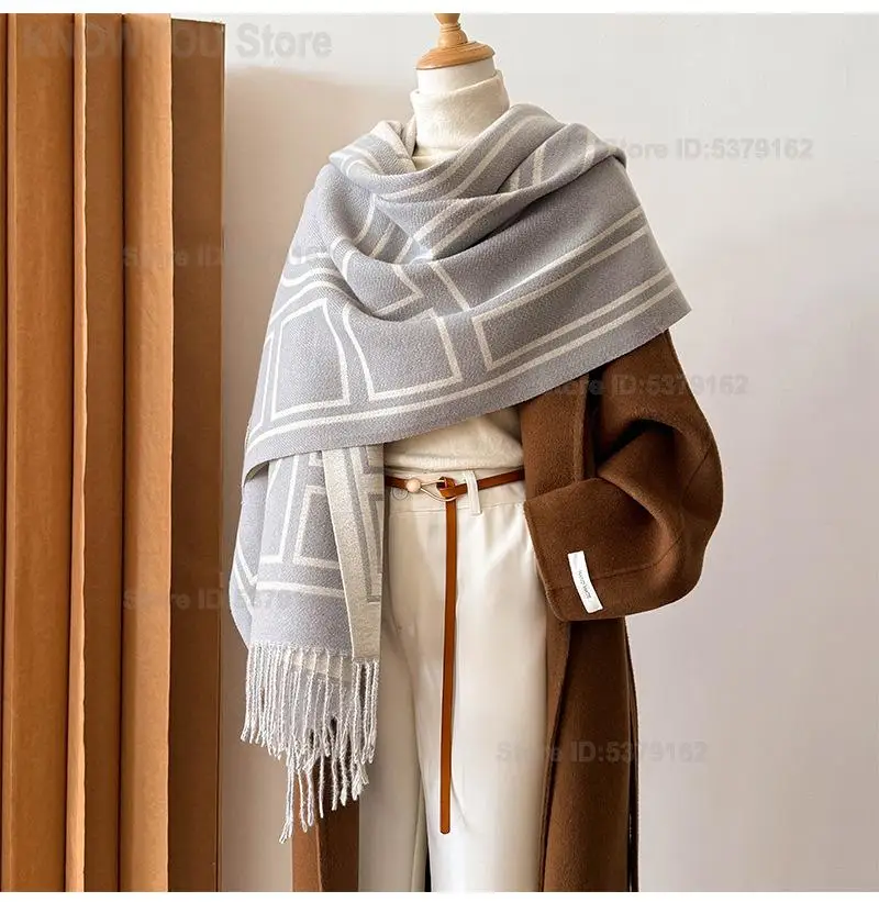 Autumn Winter Versatile Tassel Warm Shawl Coat Outer Wrap Women Vintage Border Letter Double Sided Faux Cashmere Scarf