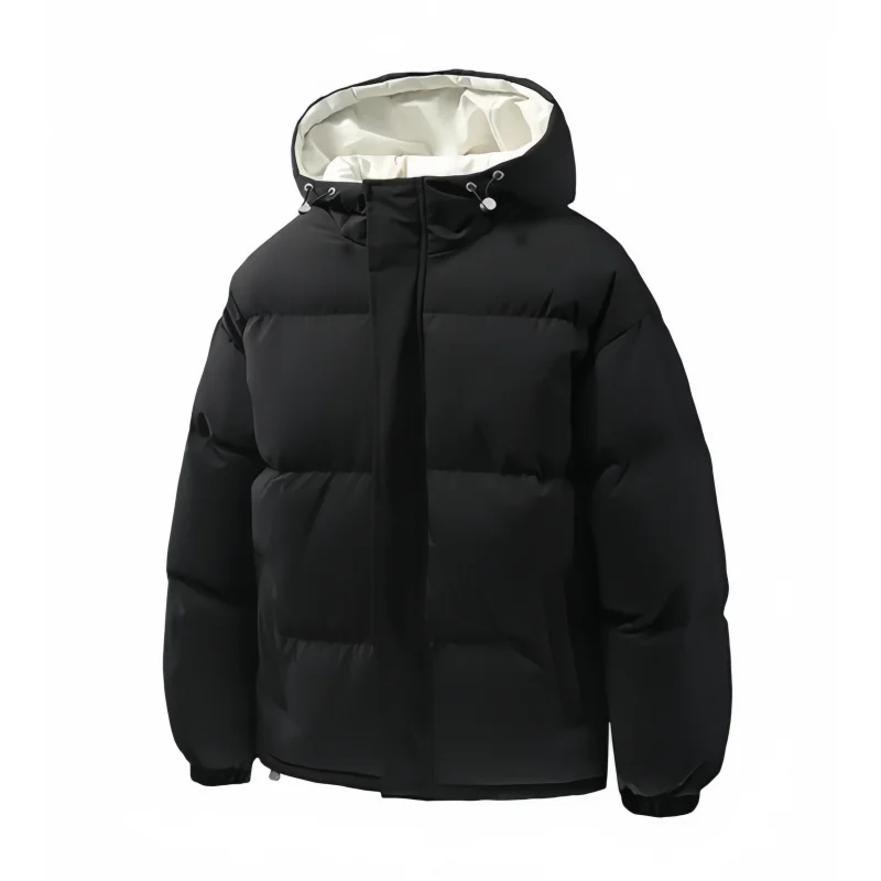 Autumn and Winter Thickened Hooded Cotton Jacket, Loose-Fitting Puffer Coat, Contrasting Color Lining Design, Adjustable Drawstring Hem, Windproof and Warm Casual Outerwear