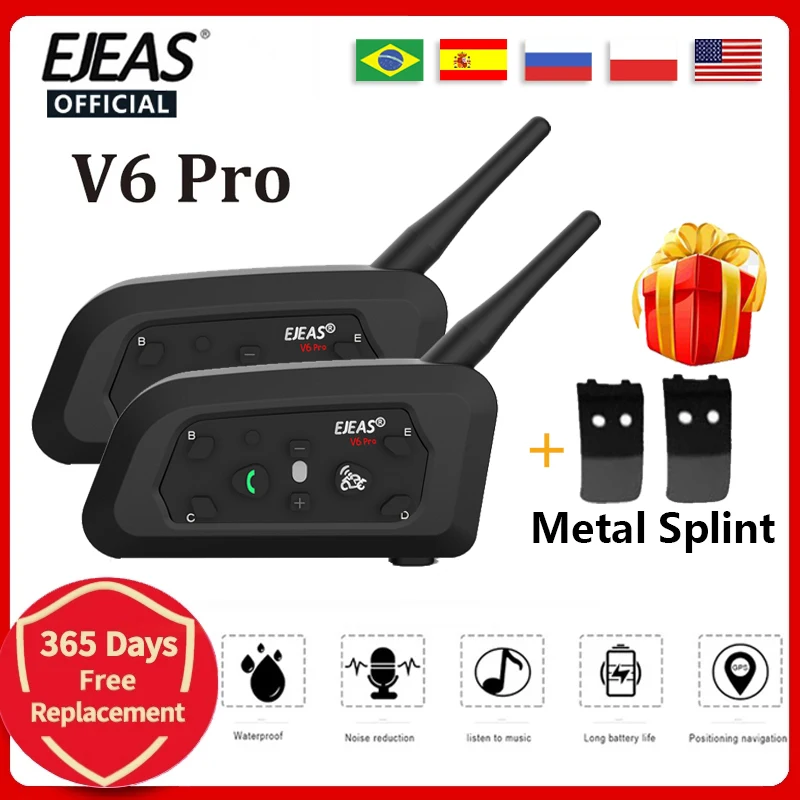 EJEAS V6 PRO Bluetooth Motorcycle Helmet Intercom Headset with 1200M BT Interphone Communicator for 6 Riders Waterproof