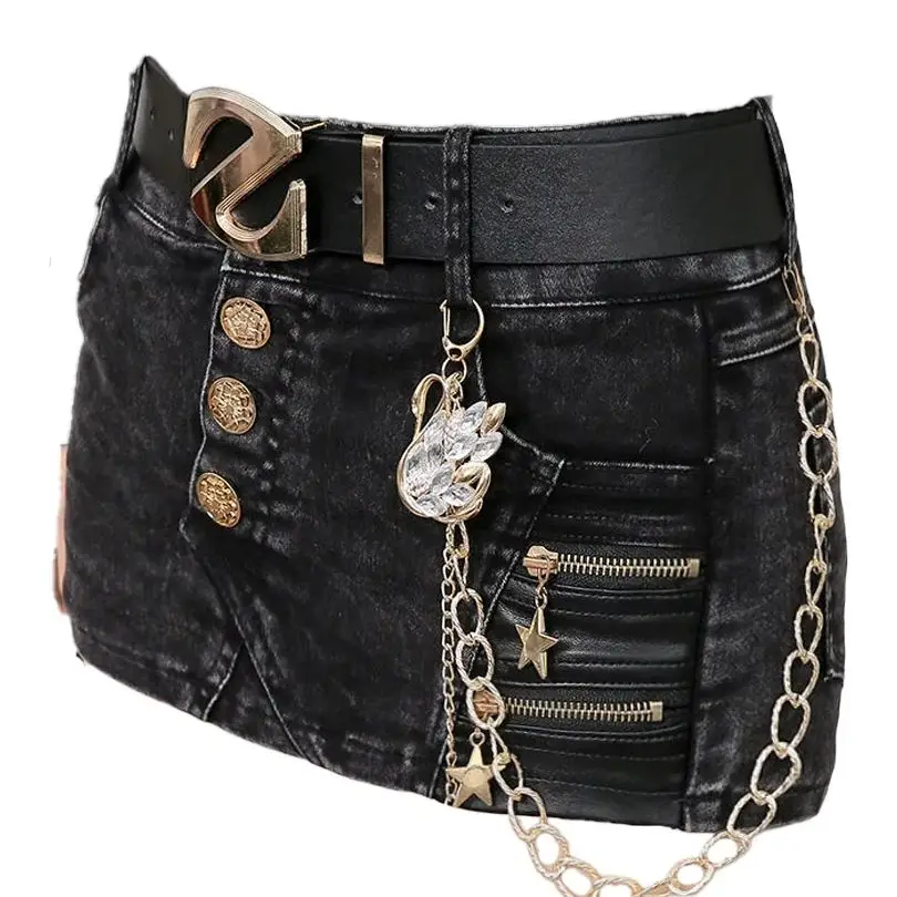 

Women's Black Gothic Denim Short Skirt Y2K Harajuku High Street Aesthetic 2000S Fashion Sexy Retro Casual Lined Skirt Clothing