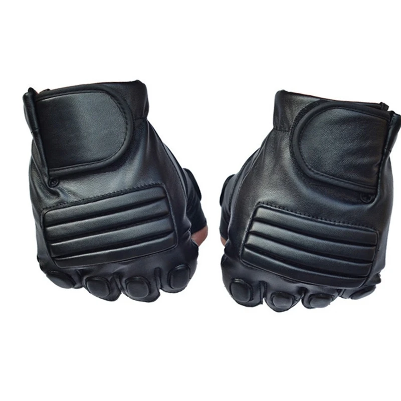 1pair Men Half Finger Black Washable PU Leather Tactical Gym Fighting Glove Climbing Sport Fitness Cycling Mitten