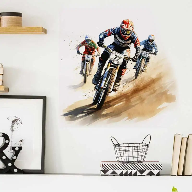 Motocross Watercolor Dirt Bike Rider Wall Stickers Living Room Sofa Background For Home Decor Boy Room Art Decals Sticker M1495