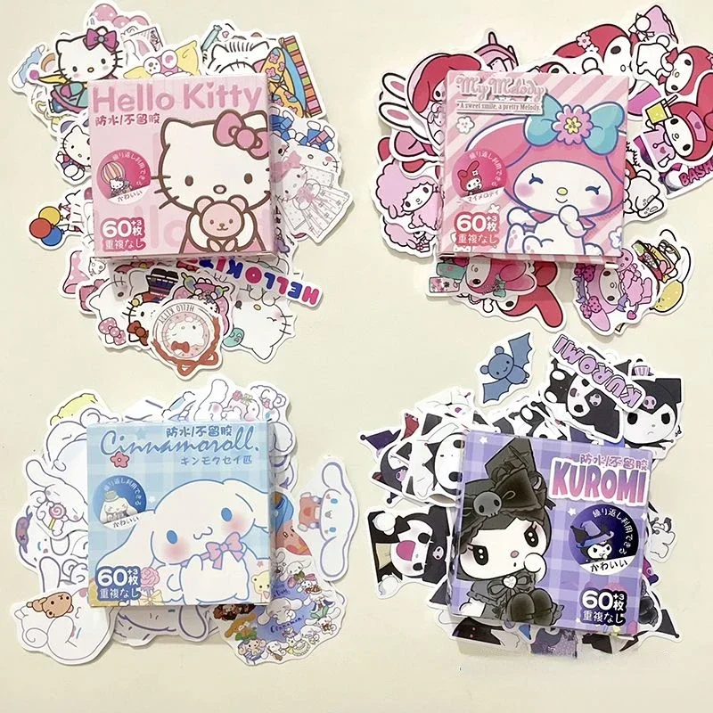 60 Sheets/Box Sanrio Waterproof Stickers Kawaii Hello Kitty My Melody Kuromi Handbook Decoration Sticker Gift Boxes Diy Material