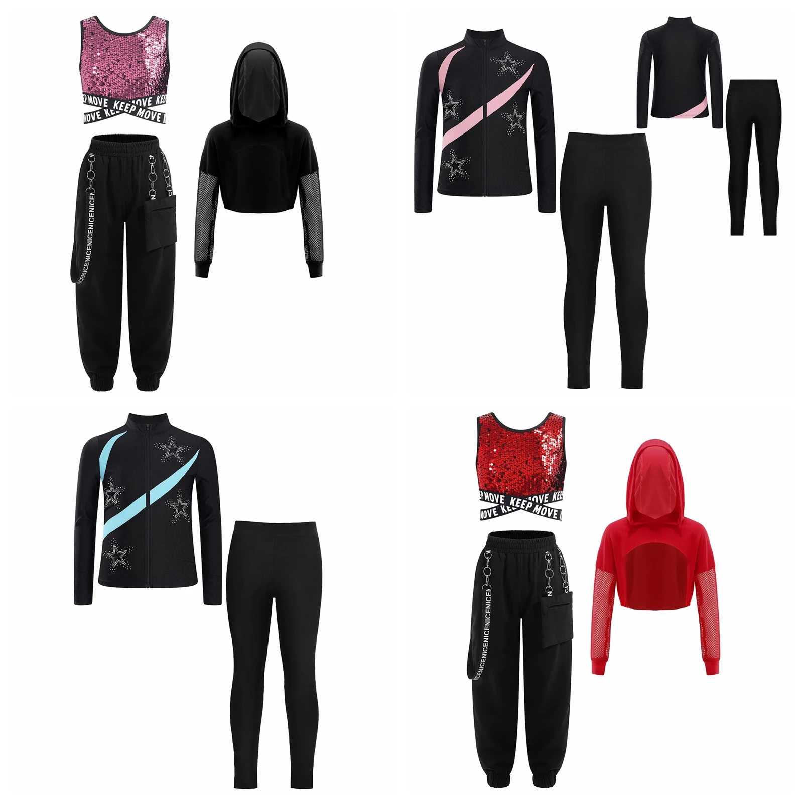 女の子ヒップホップ服子供ジャズダンス衣装スパークリングスパンコール-3-ピース-セット子供用ベスト金属チェーンポケットパンツパーカー