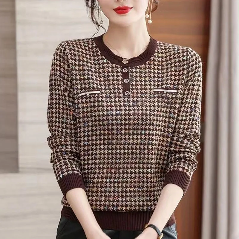 New Spring and Autumn Fashion Trend Thousand Bird Checker Loose Round Neck Shows Thin Temperament Large Knitted Women\'s Top