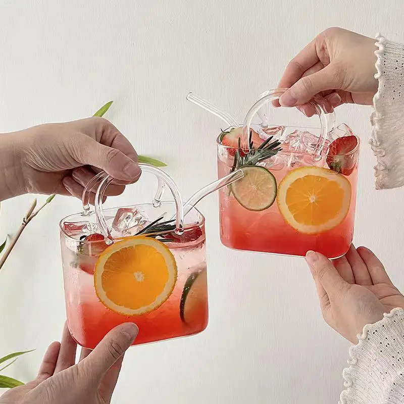 Portable Handbag Glass Cup,Creative Cocktail Glasses Cups,Funny Fruit Wine Glass Cups,Ins Style Bag Glass With Straw,Bar Tools