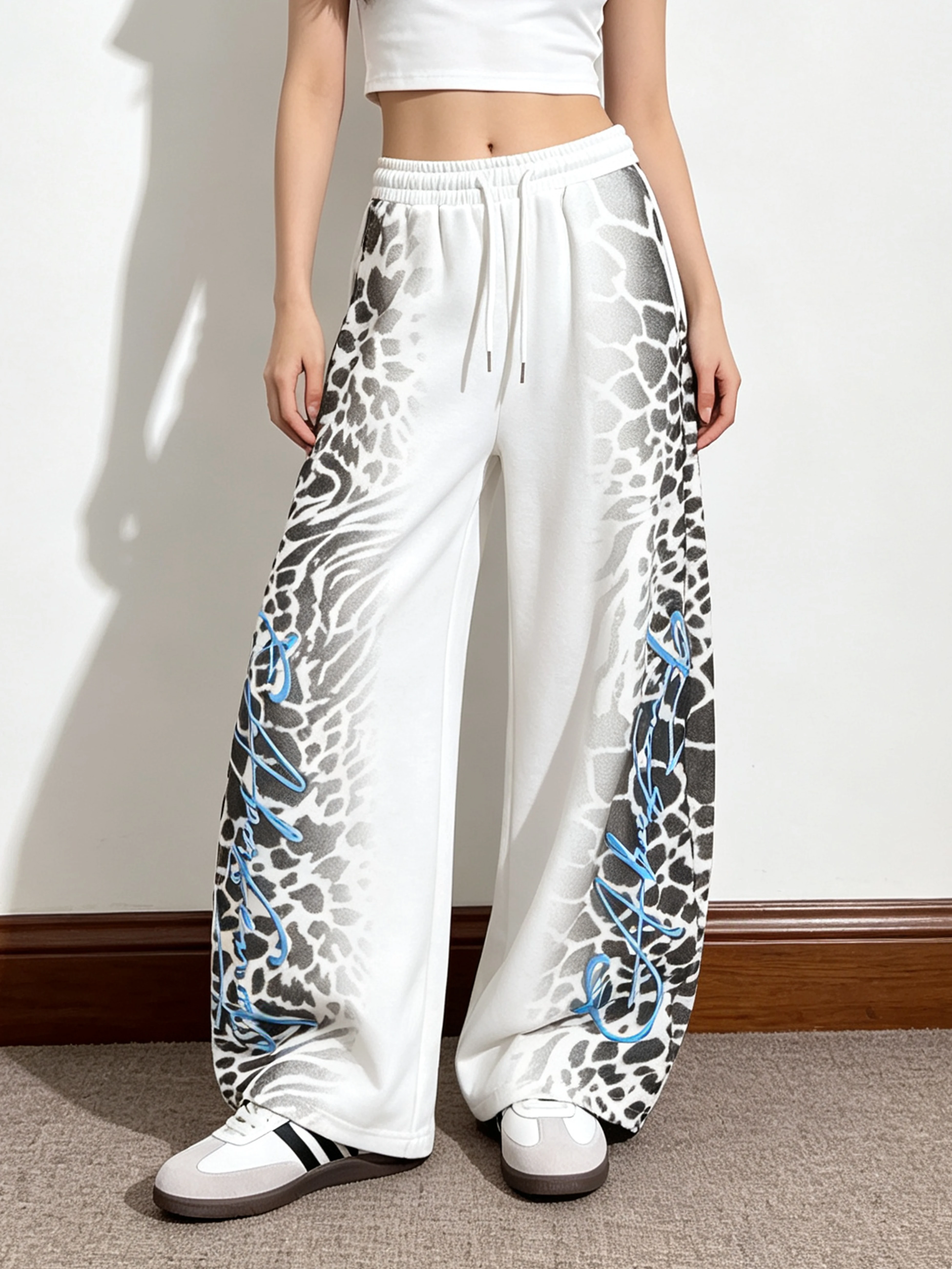 Casual Gradient Leopard Print Wide Leg Pants Drawstring Trousers Two-Way Wear Cotton Polyester Blend Asymmetrical Design