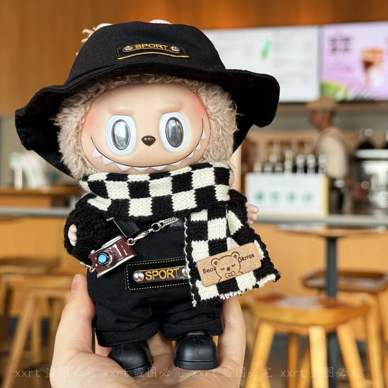 Para labubu roupas 17cm chapéu e cachecol conjunto elegante e na moda macacão xadrez roupa mudança acessório conjunto brinquedo hobbies legal