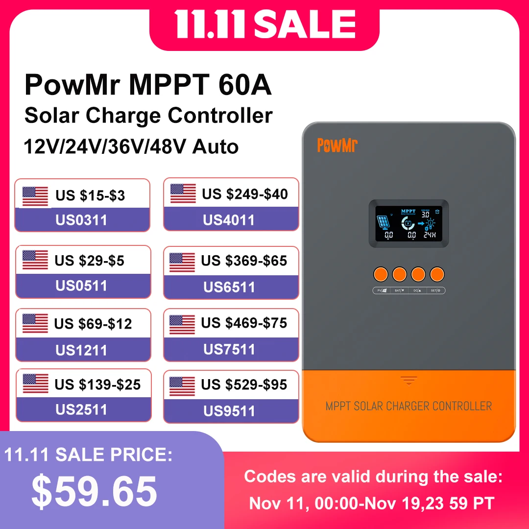 PowMr-MPPT وحدة تحكم شحن شمسية ، شاشة LCD أوتوماتيكية ، منظم لوحة شمسية لبطارية الليثيوم وموصل ، 60 أمبير ، 12 فولت ، 24 فولت ، 36 فولت ، 48 فولت