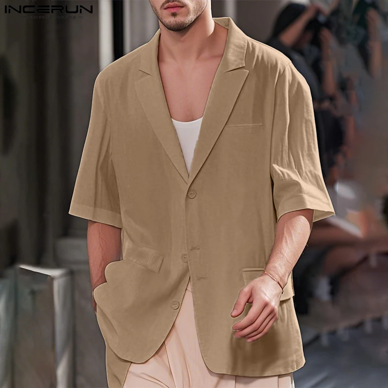 

INCERUN 2025 Men Blazer Solid Color Summer Thin Lapel Half Sleeve Male Suits Oversize Streetwear Fashion Casual Coats Men S-5XL