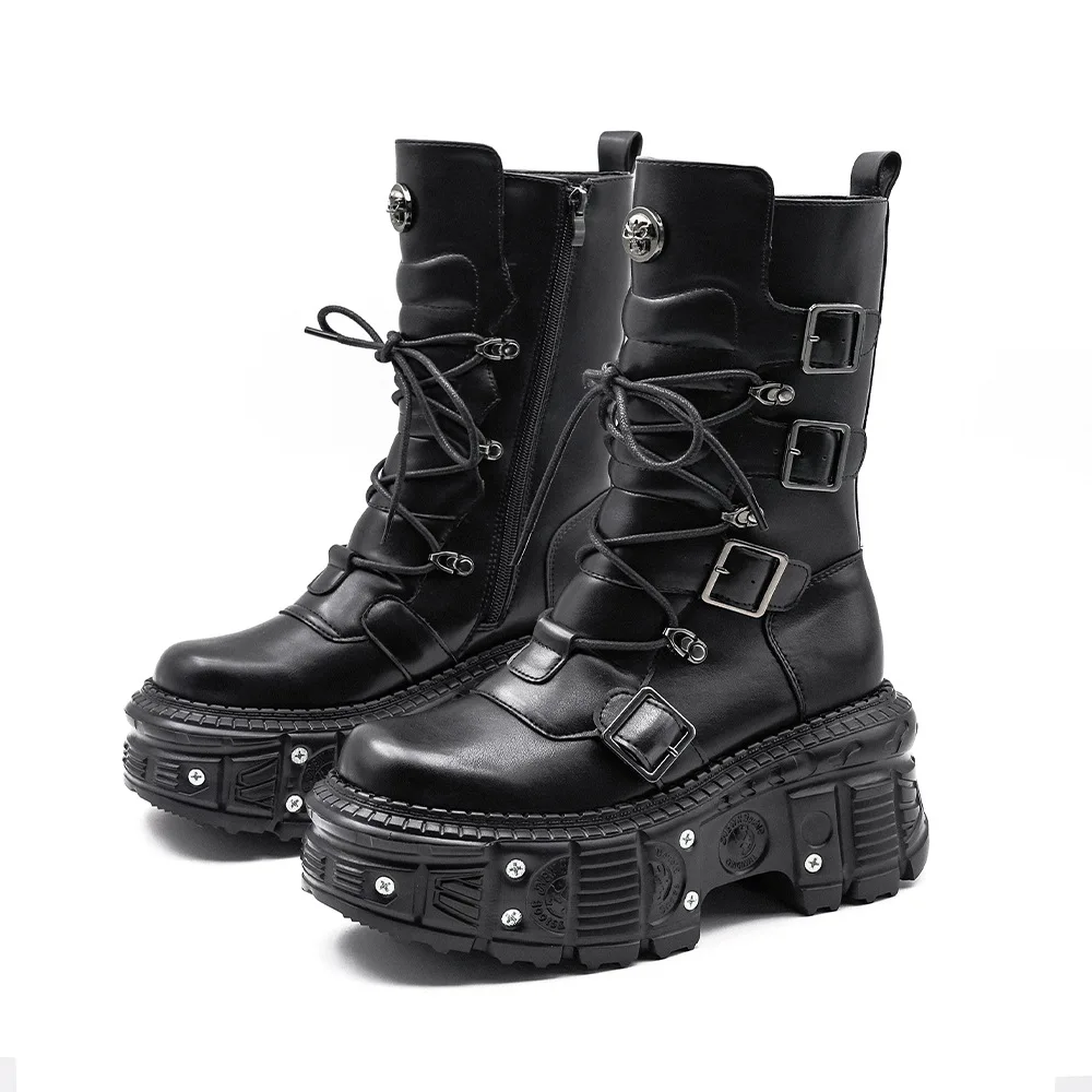 2025 Spring, Autumn and Autumn New Punk Style Women's Platform Spice Girls Metal Rock Motorcycle Fried Street Middle Boots Men