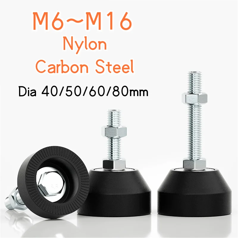 Dia 40/50/60/80mm Zinc Plated Adjustable Lathe Leg Thread M6~M16 Nylon Fixed Levelling Feet Plastic Base Furniture Glide Pad
