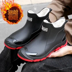 Fashion Men Warm Safety Water Shoes New Man Outdoor Plush Rain Boots Waterproof Chef Work Ankle Boots High Top Anti-slip Shoes