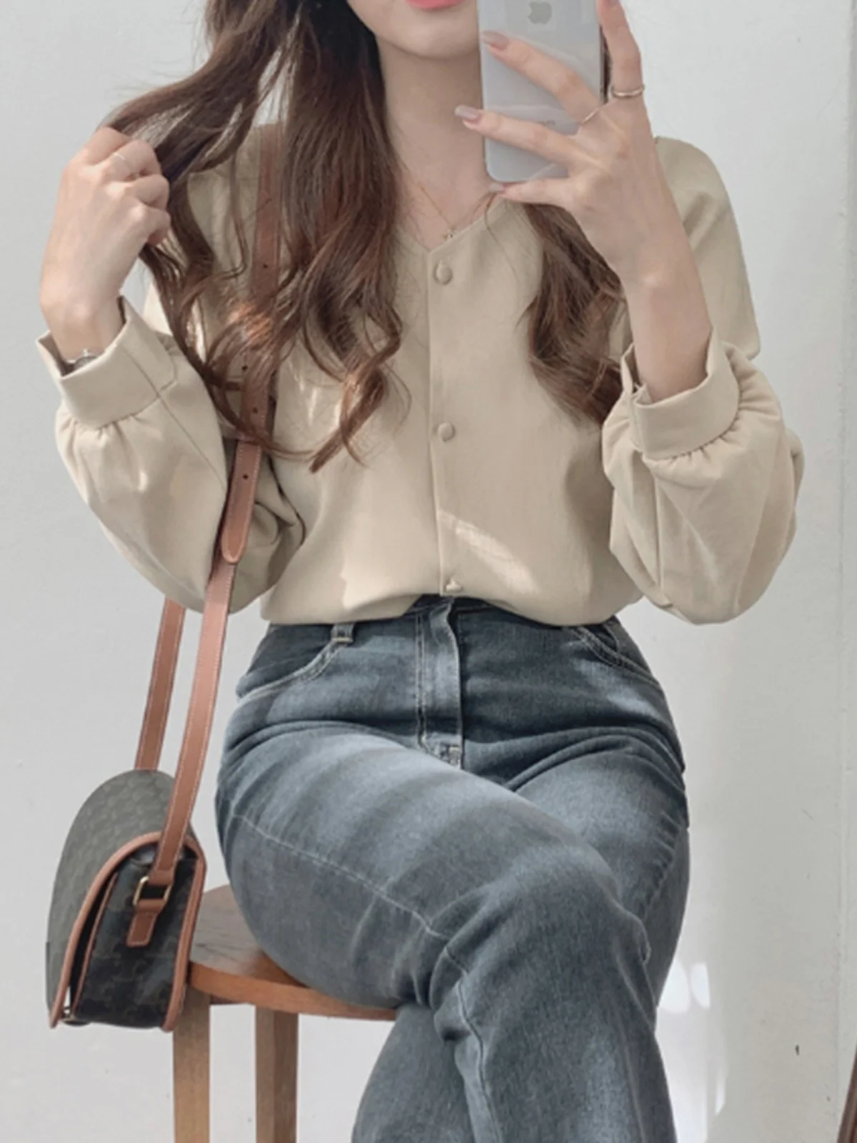 Ele Vintage Long Sve Damen irt V-Ne Design Sensitivi Sanftes Schlüsselbein Top Aosphere Collar irt