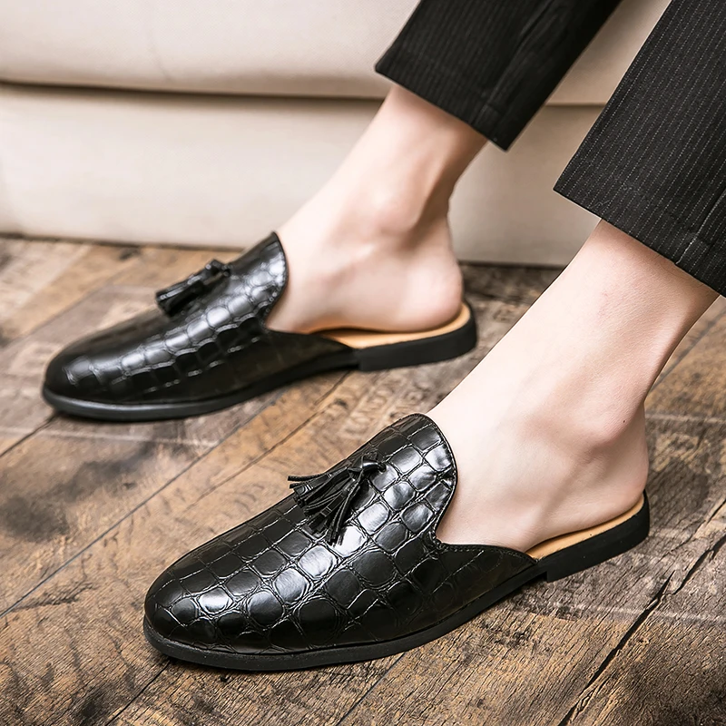 Trend Summer Men's Half Slippers Tassel Leather Shoes Male Casual Mules Moccasins Breathable Open-back Loafers Zapatos Hombre