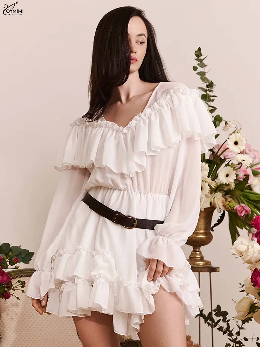 

Oymimi Casual White V-Neck Dresses 2025 Woman Autumn Translucent Long Sleeve Ruffled Dresses Fashion High Waisted Pleated Dress