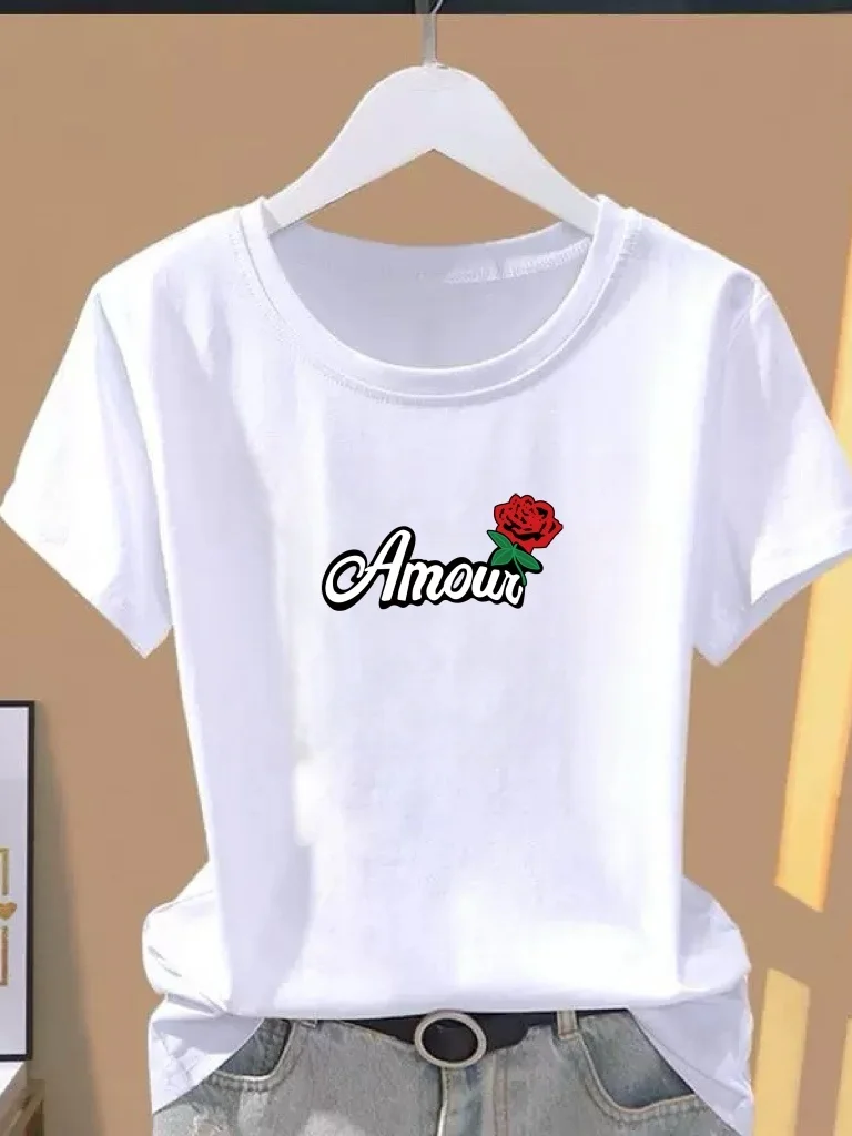 

Женская футболка в корейском ретро-стиле с коротким рукавом, круглым вырезом и буквенным принтом, повседневная тонкая верхняя одежда, модный повседневный топ