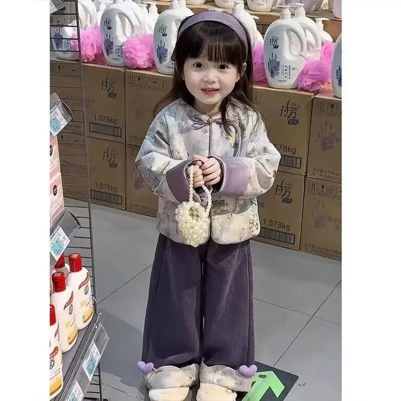 

Зимний детский фиолетовый толстый теплый бархатный пуловер с цветочным принтом, пальто + брюки, хлопковая куртка для девочек, повседневная одежда