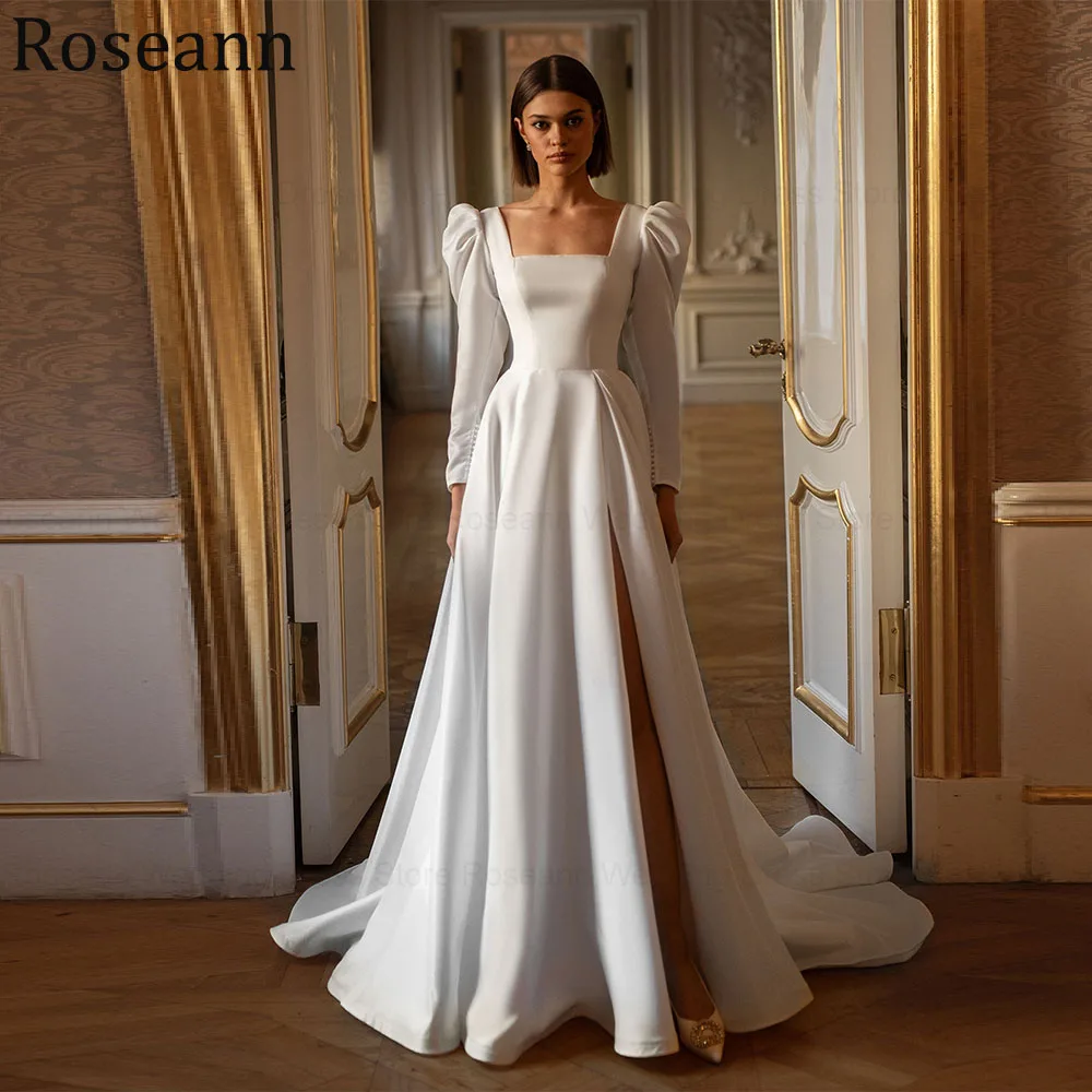 

Customized Satin A-Line Wedding Dress 2026 Square Collar Evening Gown for Women Bride Dress Lace Up Front Slit Vestidos De Novia