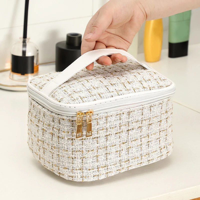 Borsa cosmetica di moda borsa portatile di grande capacità borsa per cosmetici intrecciati borsa per il trucco da viaggio per la casa