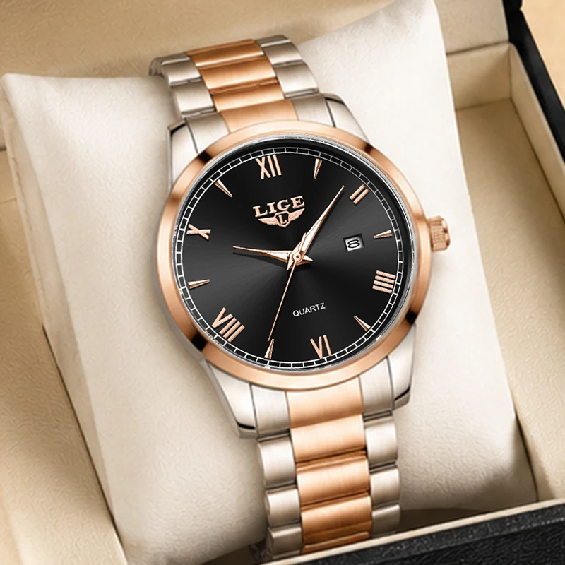 LIGE Men Watch Classic Roman Numeral Quartz Wristwatch for Men Stainless Steel Business Date Waterproof Male Clock Montre Homme