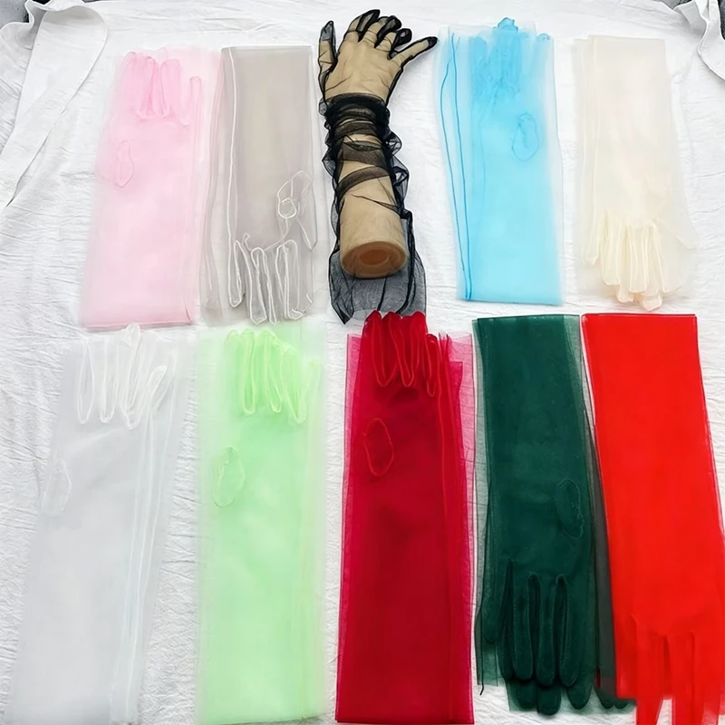 Solid Color Transparent Tulle Long Gloves Ladies Bridal Photo Shoot Sheer Mesh Gloves Wedding Dress Party Decor Accessories