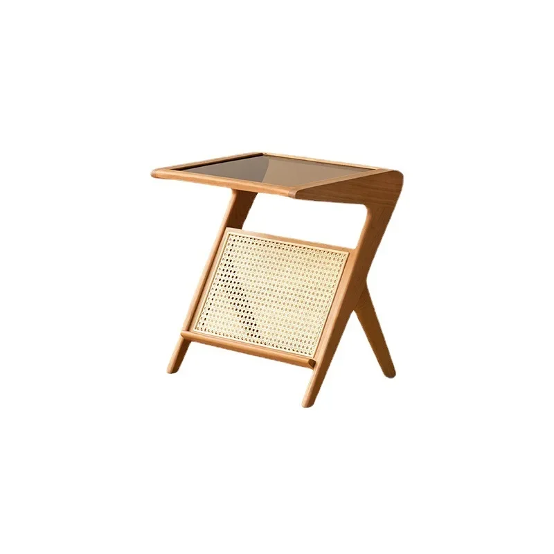 Nordic solid wood edge, sofa removable cherry wood, Japanese furniture rattan, glass small table rack