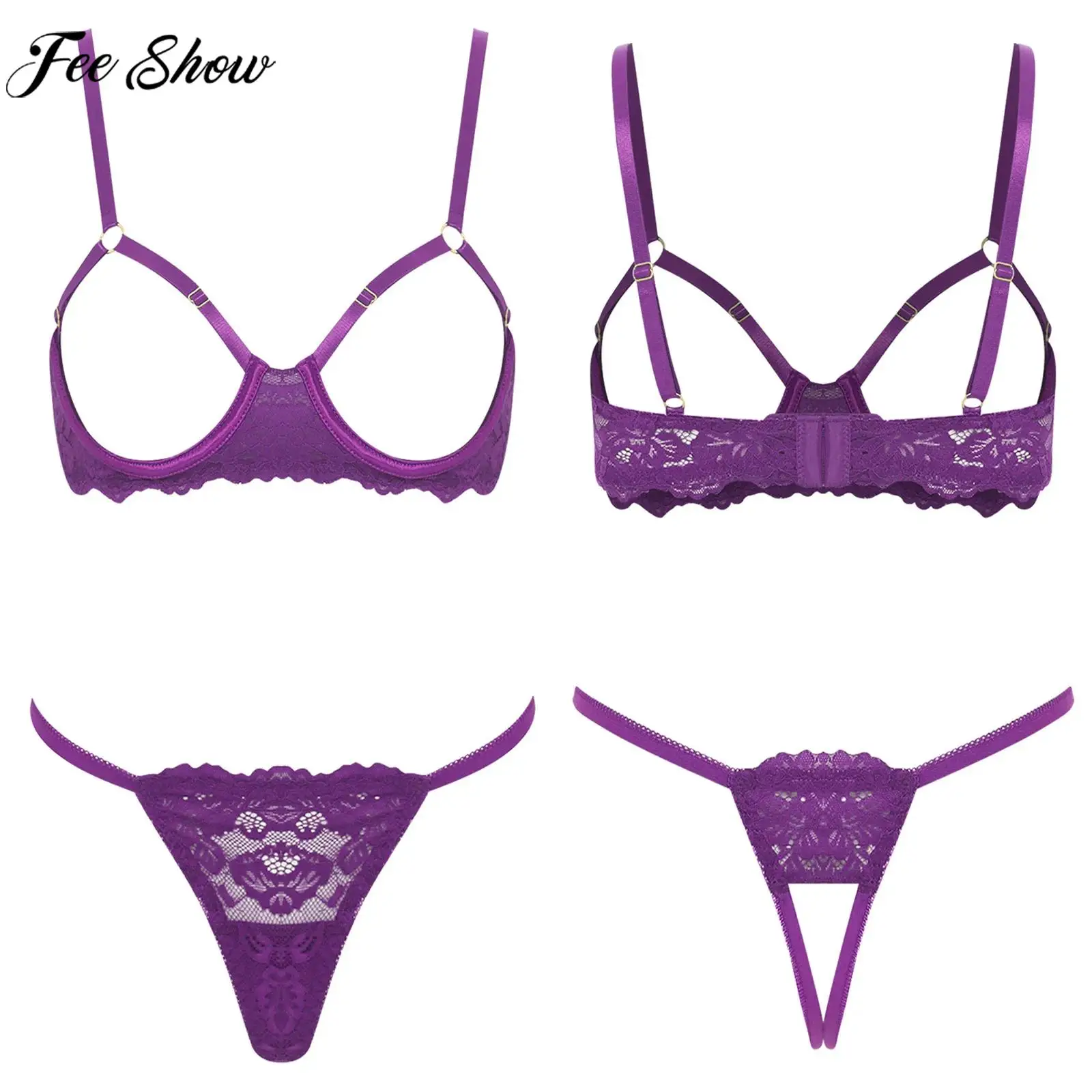 

Women Lace Hollow Out Exposed Breasts Lingerie Open Cup Underwire Push Up Bra with T-back Thong Nightwear for Honeymoon Date