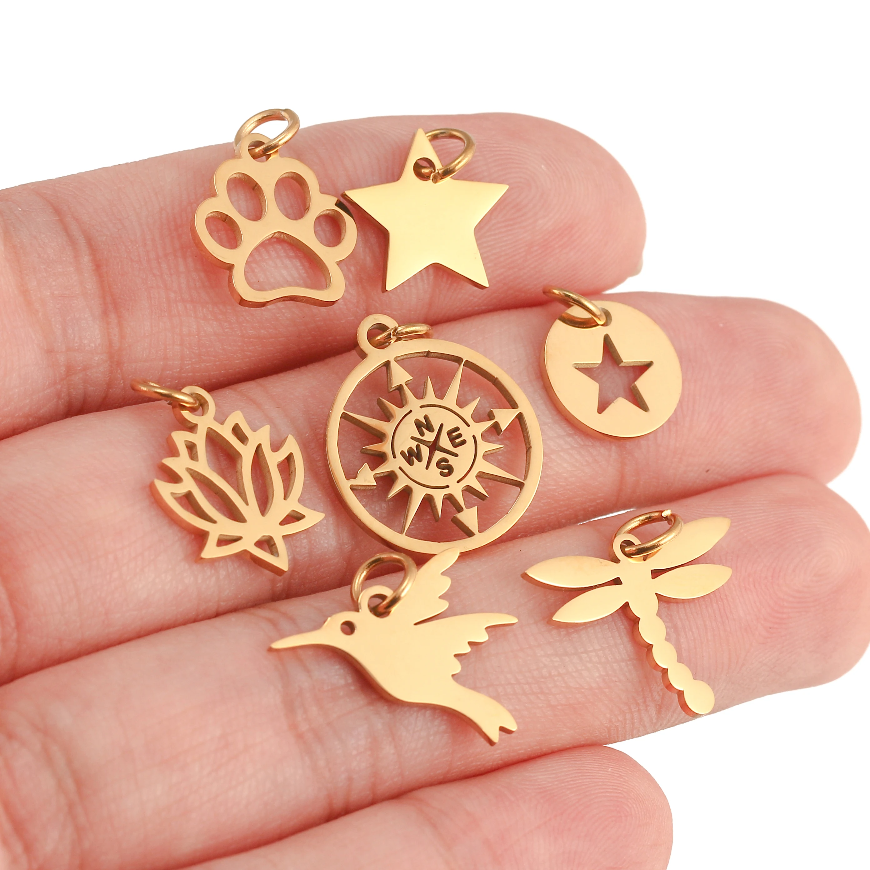 5Pcs/Lot Cat/Devil\'s Eye/Compass/Puppy Paw Footprint Charms With Jump Ring Stainless Steel Pendants for DIY Jewelry Craft Making