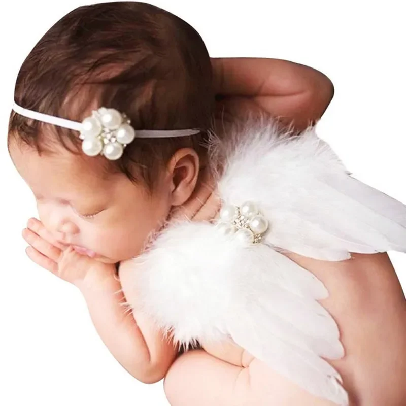 

2pcs/set Cute Newborn Angel Feather Wings with Baby Girl Rose Flower Headband Hair Accessories for Infant Photography Props