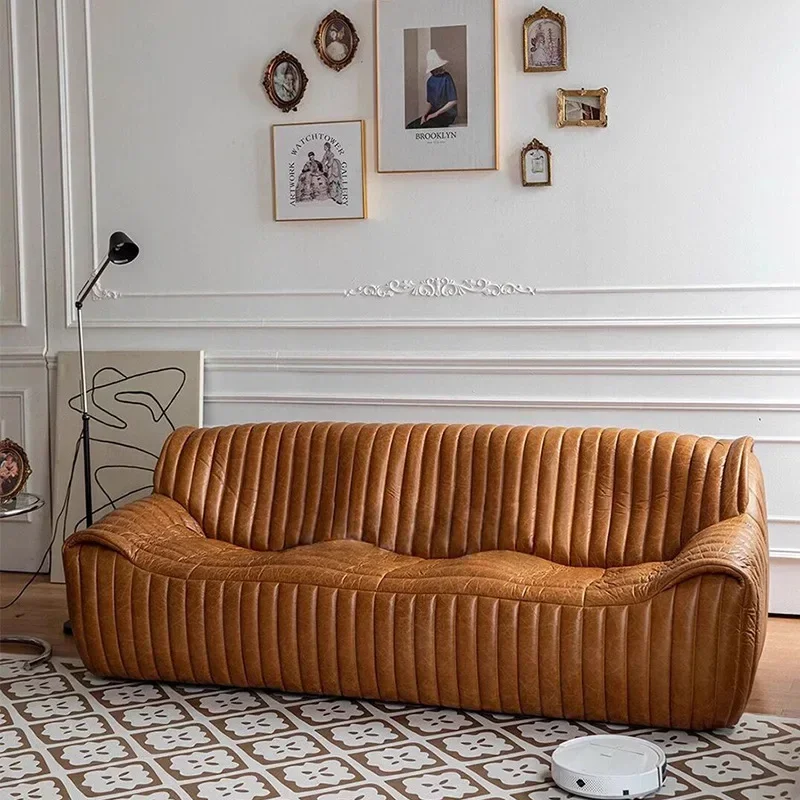

Leather sofa living room caramel wavy sofa