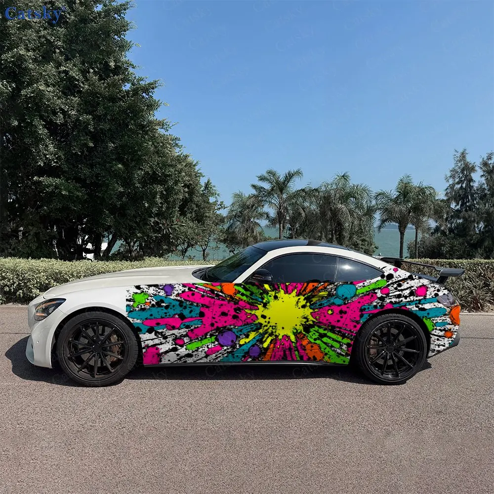 2pcs Comic Style Color Splatter Car Side Wraps, Self-Adhesive PVC Waterproof & Scratch-Resistant Stickers, Car Accessory Gift