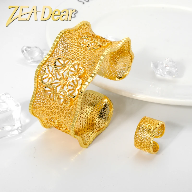 

ZEADear Jewelry Dubai Big Wide Arm Cuff Bracelet 18K Gold Plated Hollow Out Bangle Rings For Wedding Party Bridal Gifts