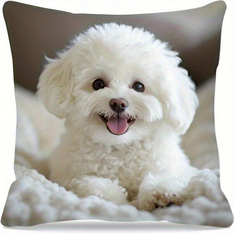 Cute White Puppy Pillow & Cushion Cover 2pc – Fluffy Dog Photo with Tongue Out, Pet Lover Gift for Sofa or Bed Decor