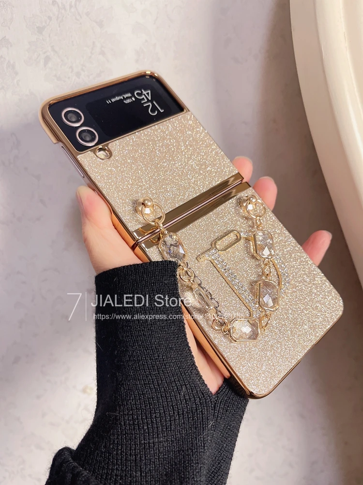 Fashion Bracelet Diamond letter D Glitter Phone case For Samsung Galaxy Z Flip 6 5 4 3 Chain Cover