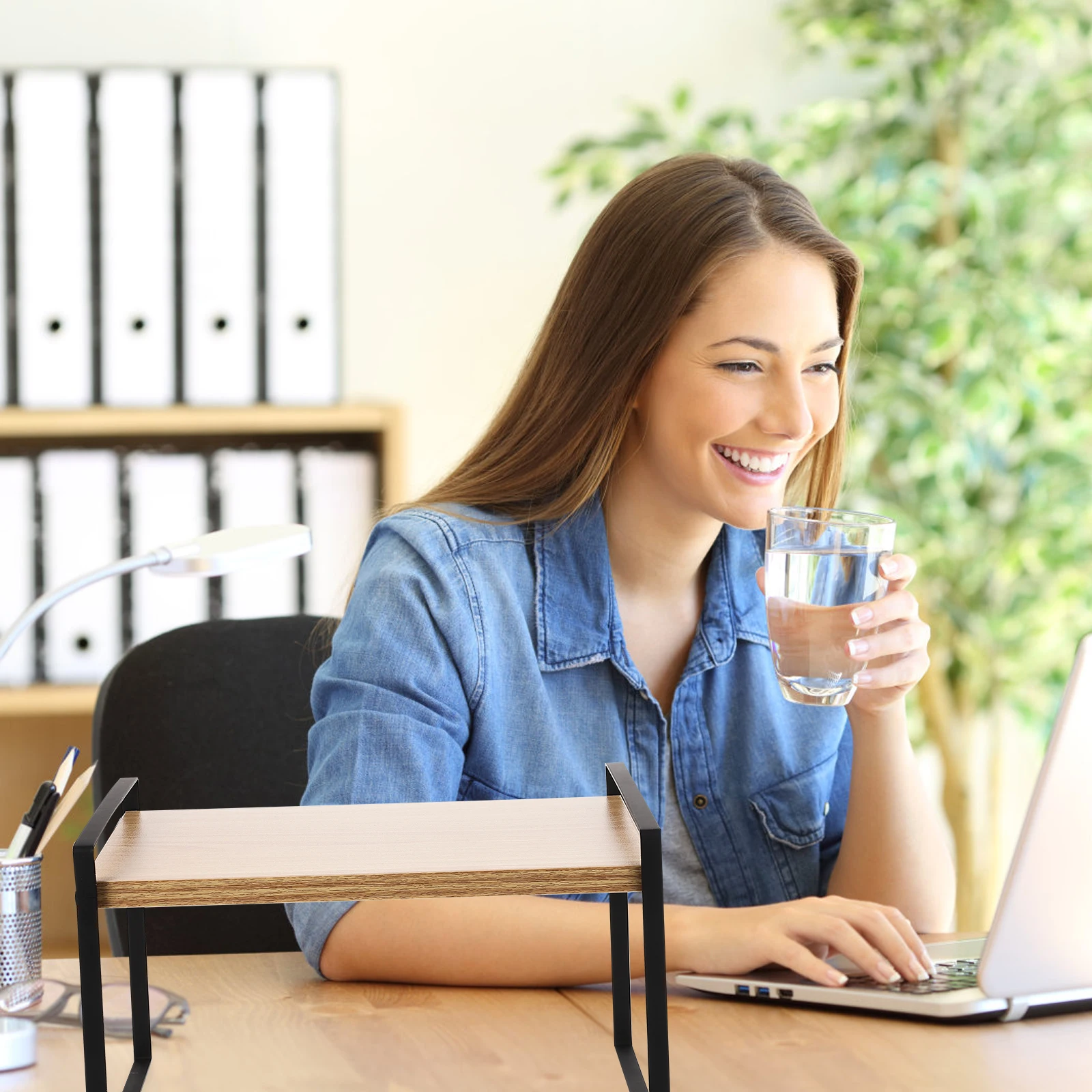 Iron Desk Organizer Storage Rack Sturdy Wooden Metal Desktop Bookshelf for Office Home Study Room Multifunctional Shelf