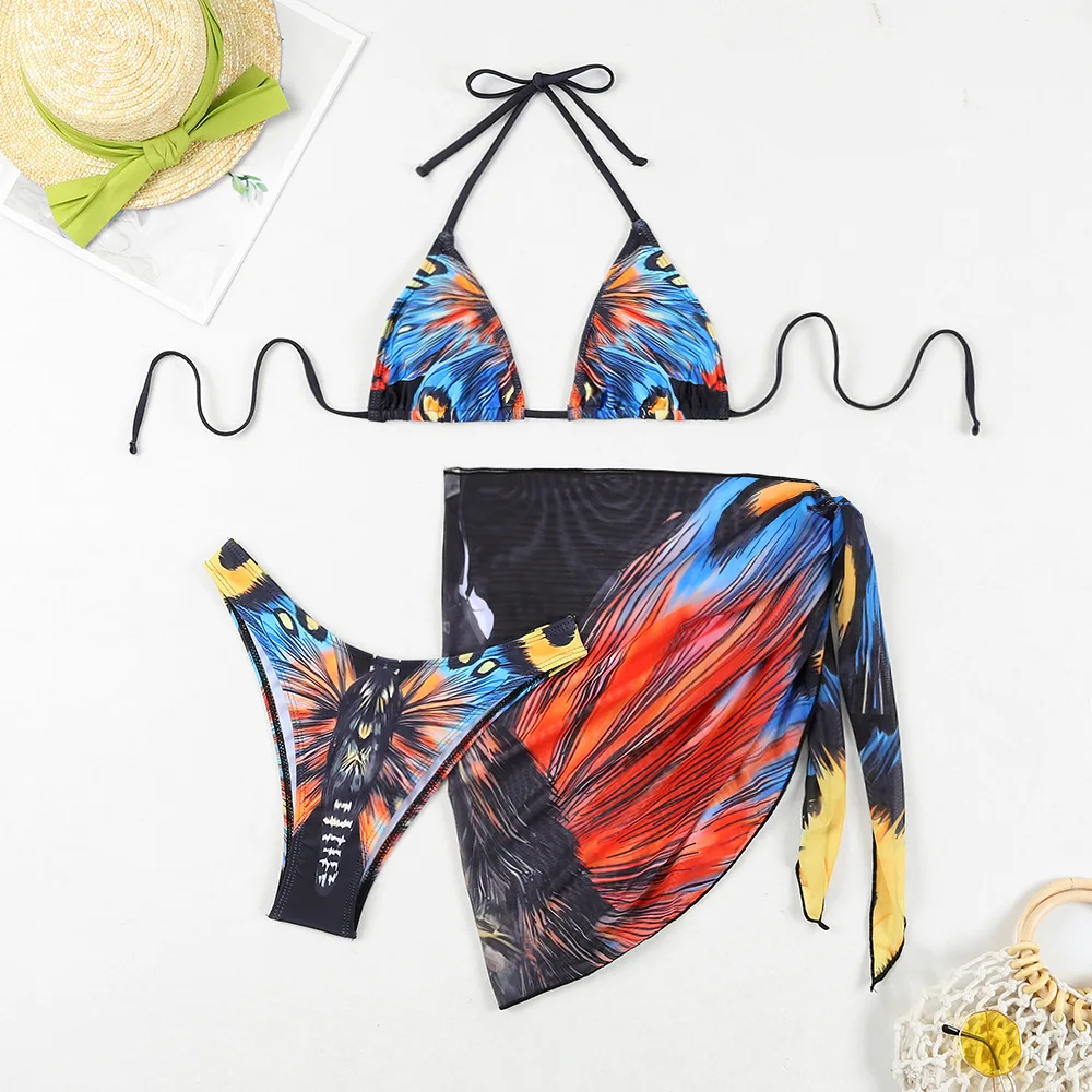 Retro Butterfly 3 Pieces Set Swimsuit Women Thong Swimwear Bikini Set With Skirt Beach Cover-Up Push Up Biquinis Bathing Suit