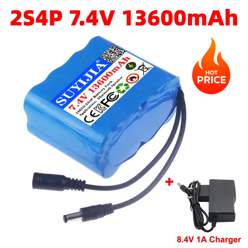 2S4P 7.4V 13600mAh 18650 Lithium Battery Pack for Fishing Bait Boat, Fishing LED Lights,Bicycle Lights, Large Capacity Battery