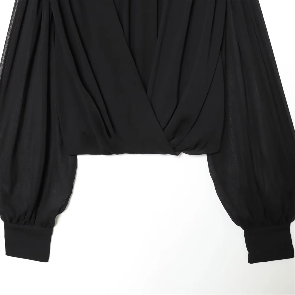 Inverno nova moda feminina gola alta manga comprida design inchado curto semi transparente camisa balão plissado