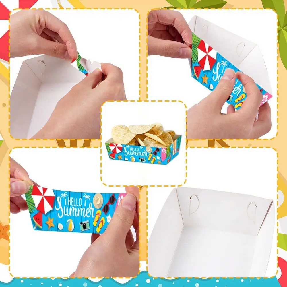 12pçs caixas retangulares de papel para lanche de verão, panelas de cozimento descartáveis para festival, bandejas de lanches de papel, decoração havaiana