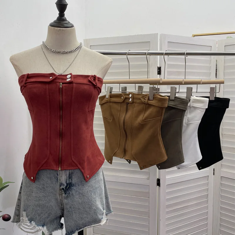

Autumn New Zipper Tube Top Spice Girl Sexy Strapless Vest Short Irregular Sleeveless Crop Top Women