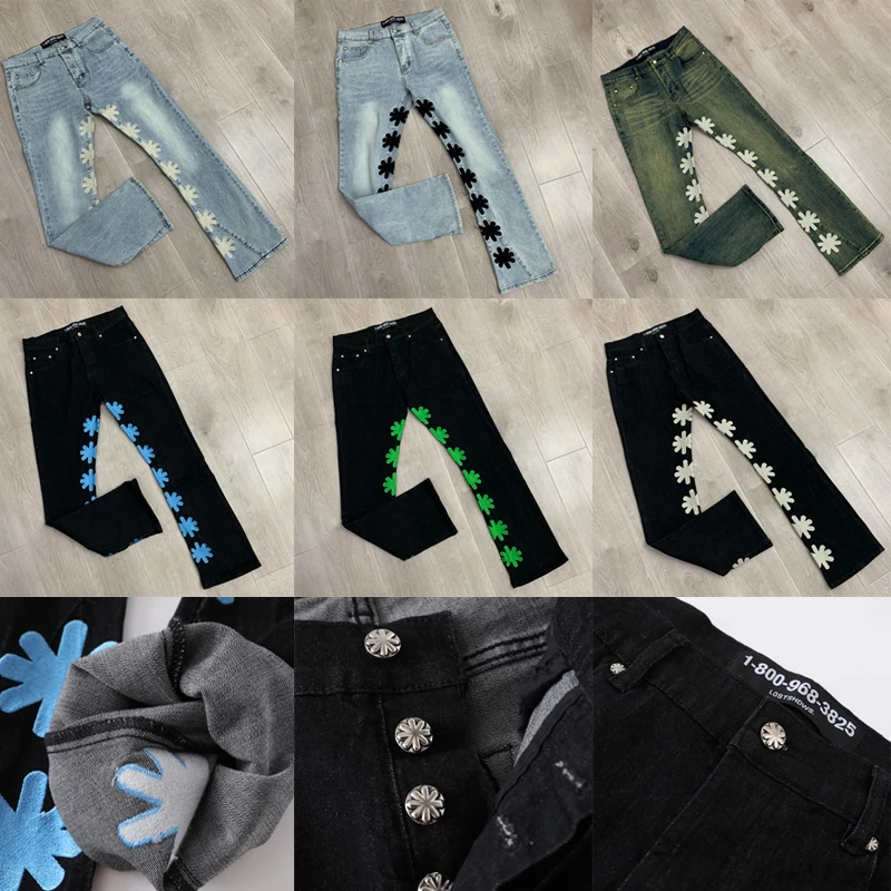 

Retro Hip-hop Style Street LOST SHDWS Jeans Creative Embroidered Flower Logo Casual Pants Men Women Lostshdws Denim Trousers