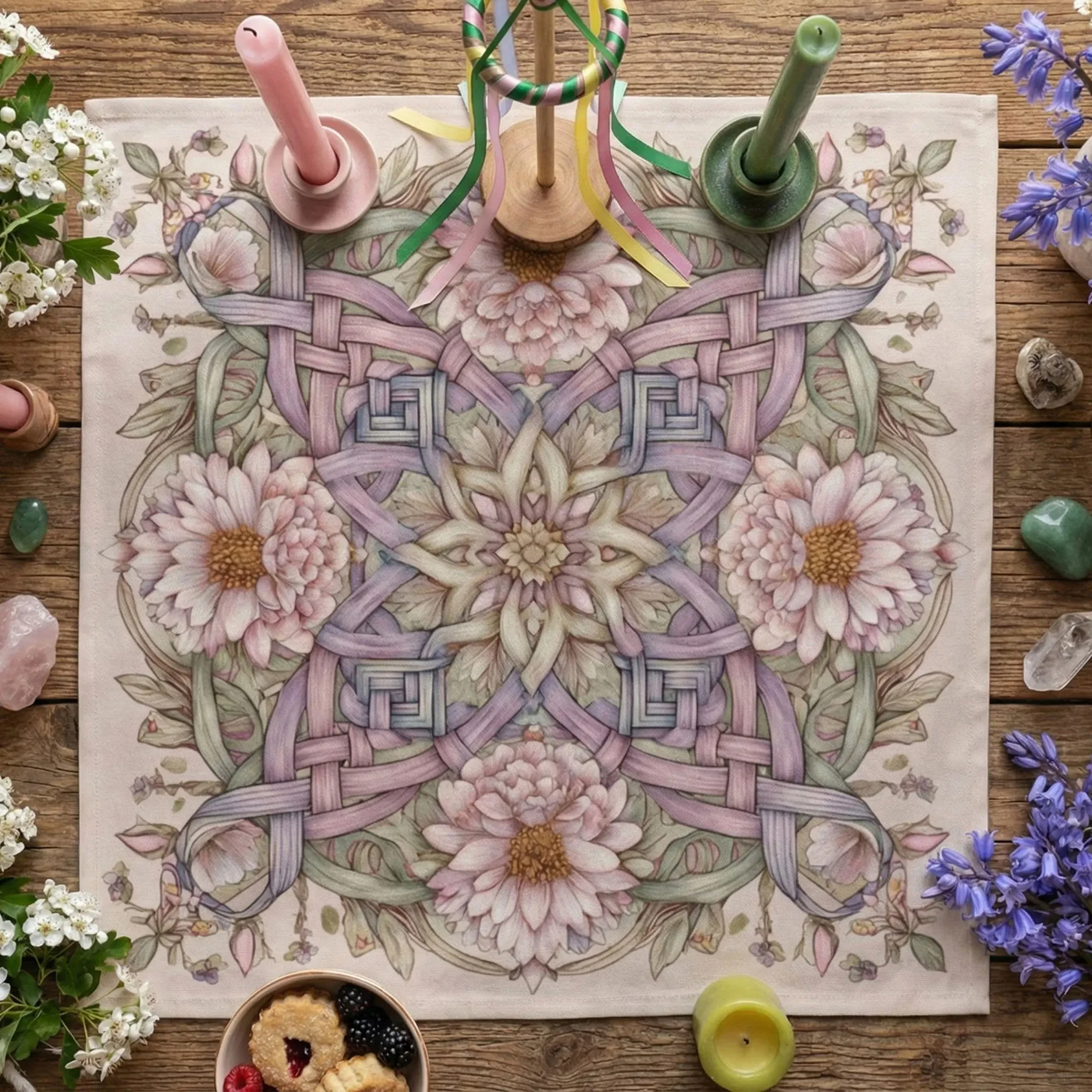 1pc Floral Celtic Knot Altar Cloth, Peony Wiccan Ritual Mat, Pagan Beltane Tarot Reading Cloth, Pastel Botanical Tablecloth