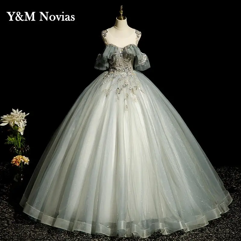 Y & m Novias O الرقبة Pluse حجم Quinceanera فساتين Vestidos منتفخ لحفلة موسيقية خمر الكرة ثوب مع الأكمام الفيديو الحقيقي